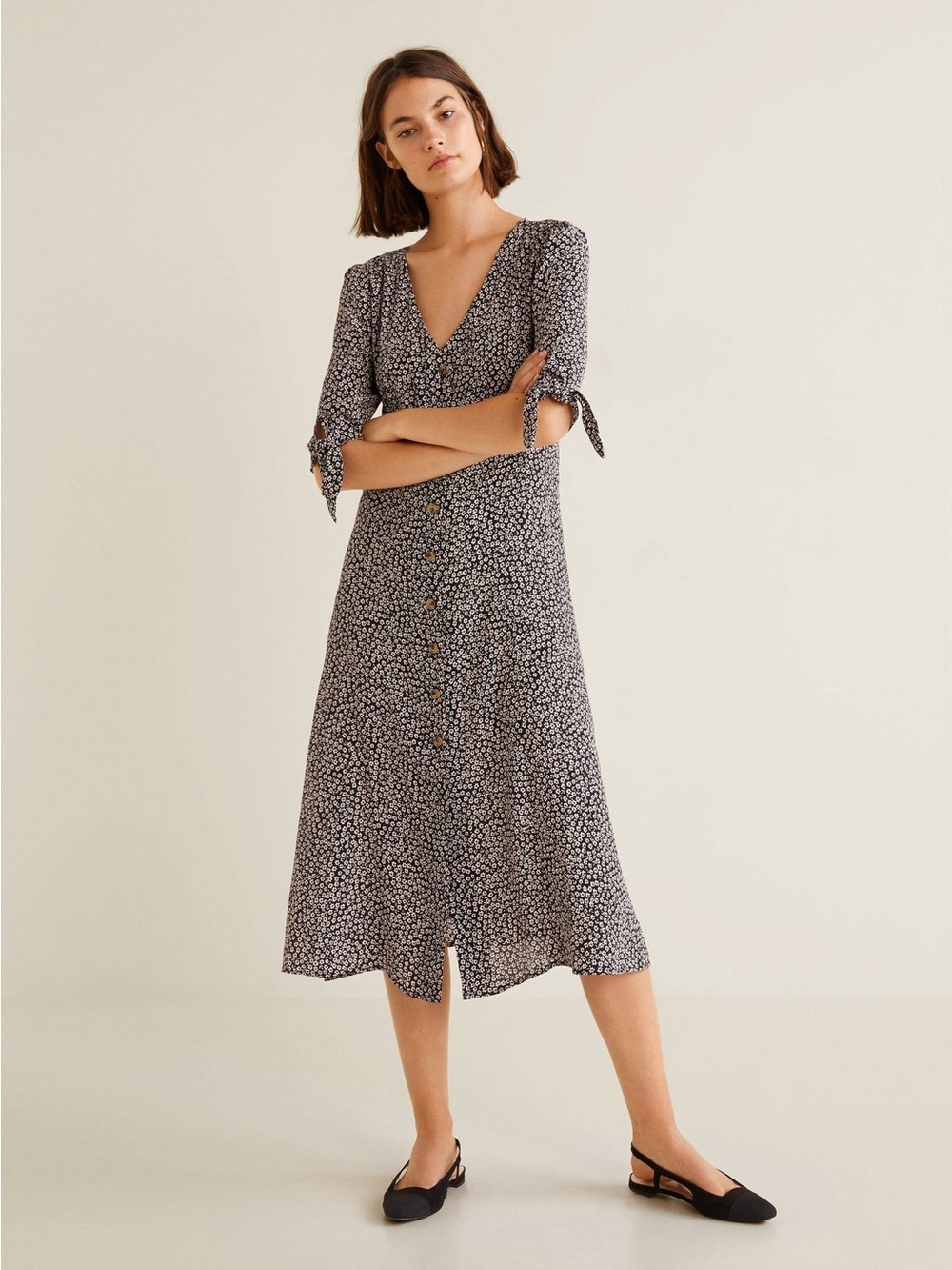 Mango Floral Button-Front V-Neck Midi Dress